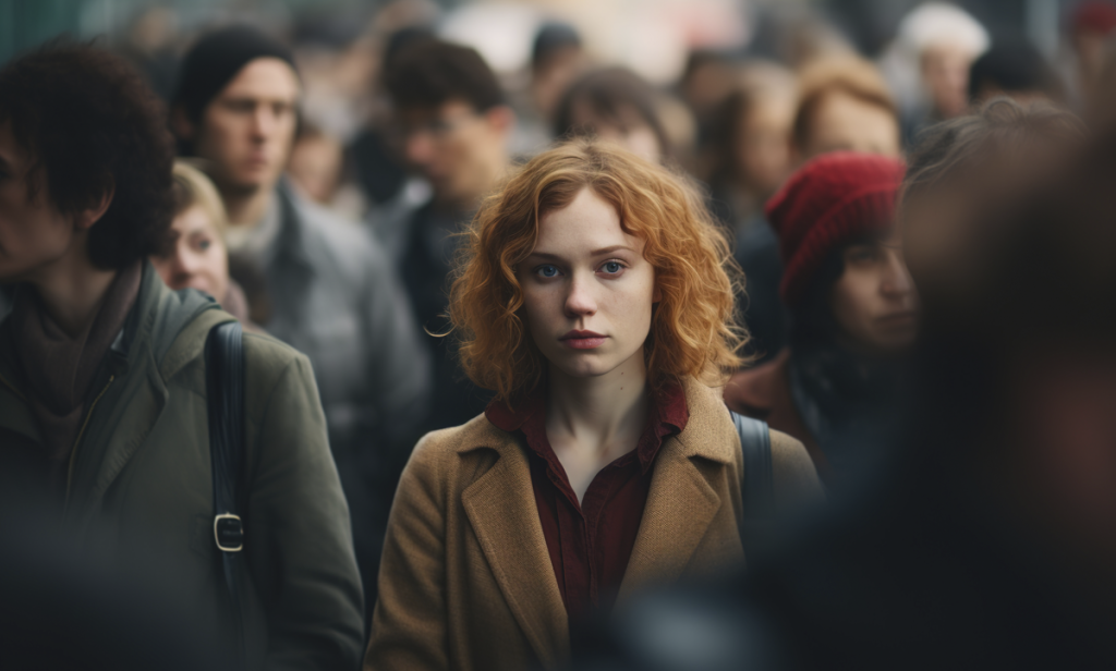 Woman Alone in Crowd